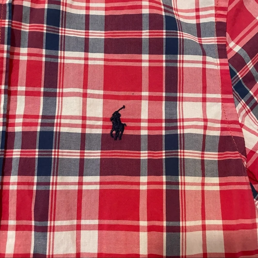 POLO RALPH LAUREN Boys Button-Up Tartan Shirt Red‎ Natural Stretch Size M 10-12